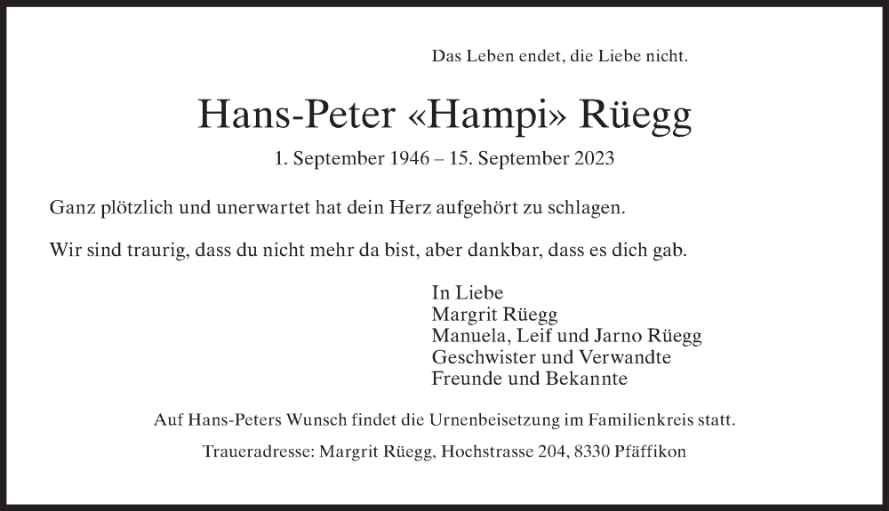  Traueranzeige für Hans-Peter  Rüegg vom 20.09.2023 aus AvU