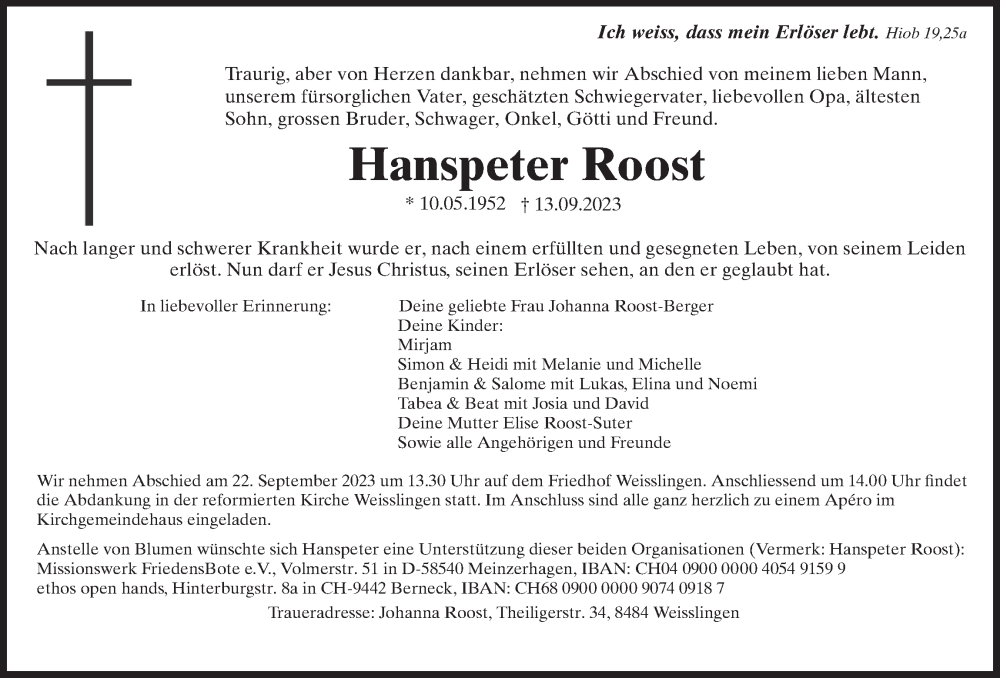  Traueranzeige für Hanspeter Roost vom 20.09.2023 aus AvU