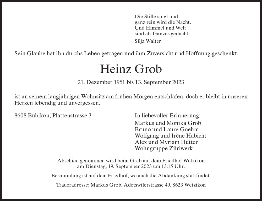 Traueranzeige für Heinz Grob vom 16.09.2023 aus ZO solo