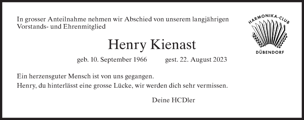  Traueranzeige für Henry Kienast vom 08.09.2023 aus VO solo