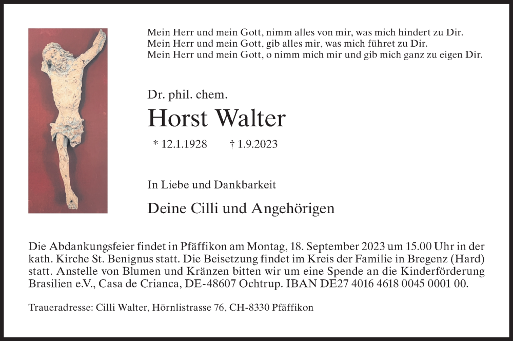  Traueranzeige für Horst Walter vom 09.09.2023 aus ZO solo