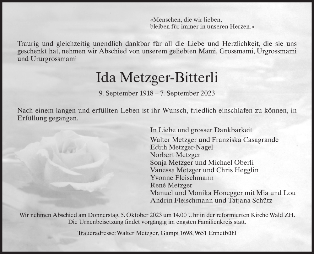  Traueranzeige für Ida Metzger-Bitterli vom 18.09.2023 aus ZO solo