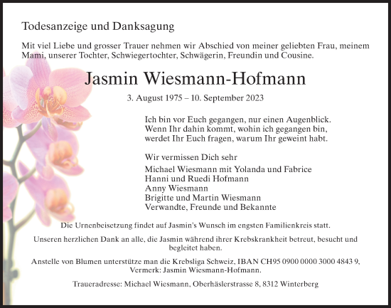 Traueranzeige von Jasmin Wiesmann-Hofmann von AvU