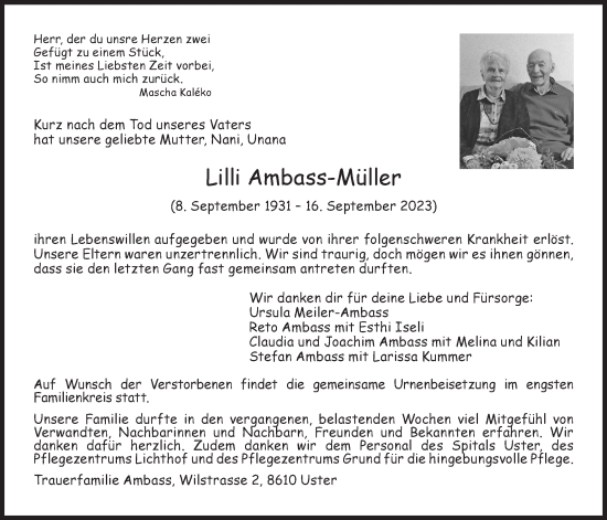 Traueranzeige von Lilli Ambass-Müller von AvU