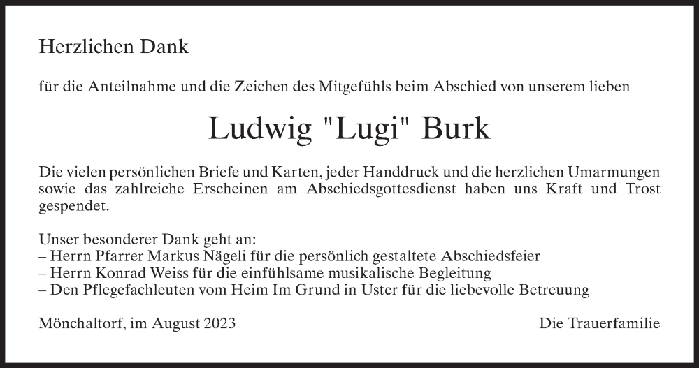  Traueranzeige für Ludwig Burk vom 06.09.2023 aus AvU