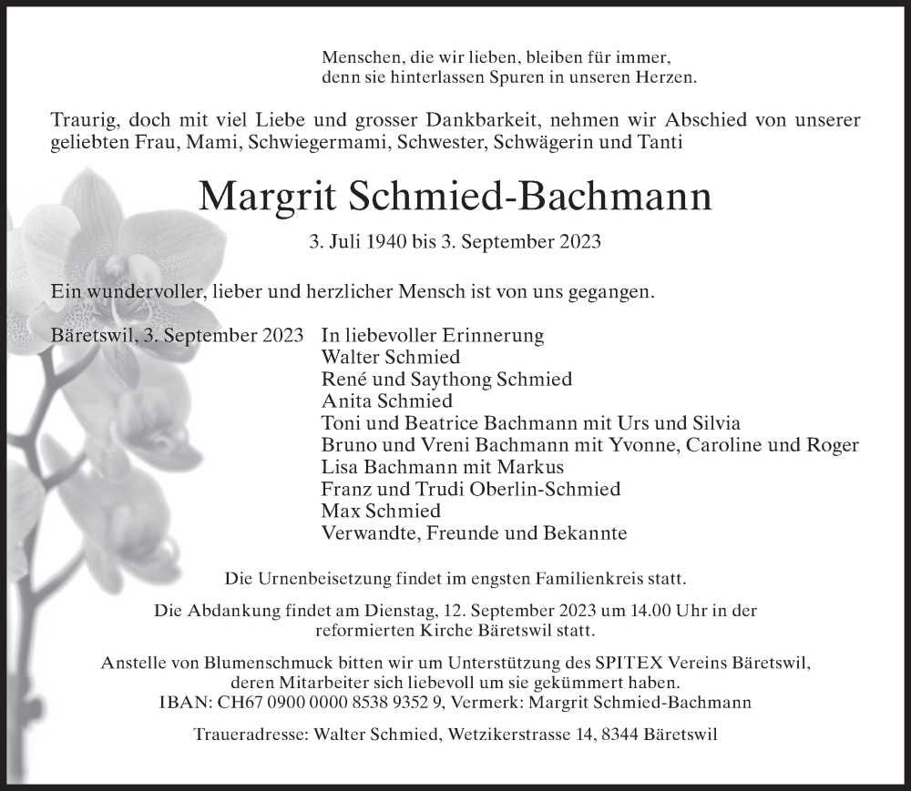  Traueranzeige für Margrit Schmied-Bachmann vom 07.09.2023 aus AvU