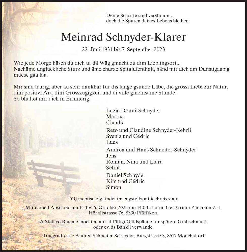  Traueranzeige für Meinrad Schnyder-Klarer vom 13.09.2023 aus AvU