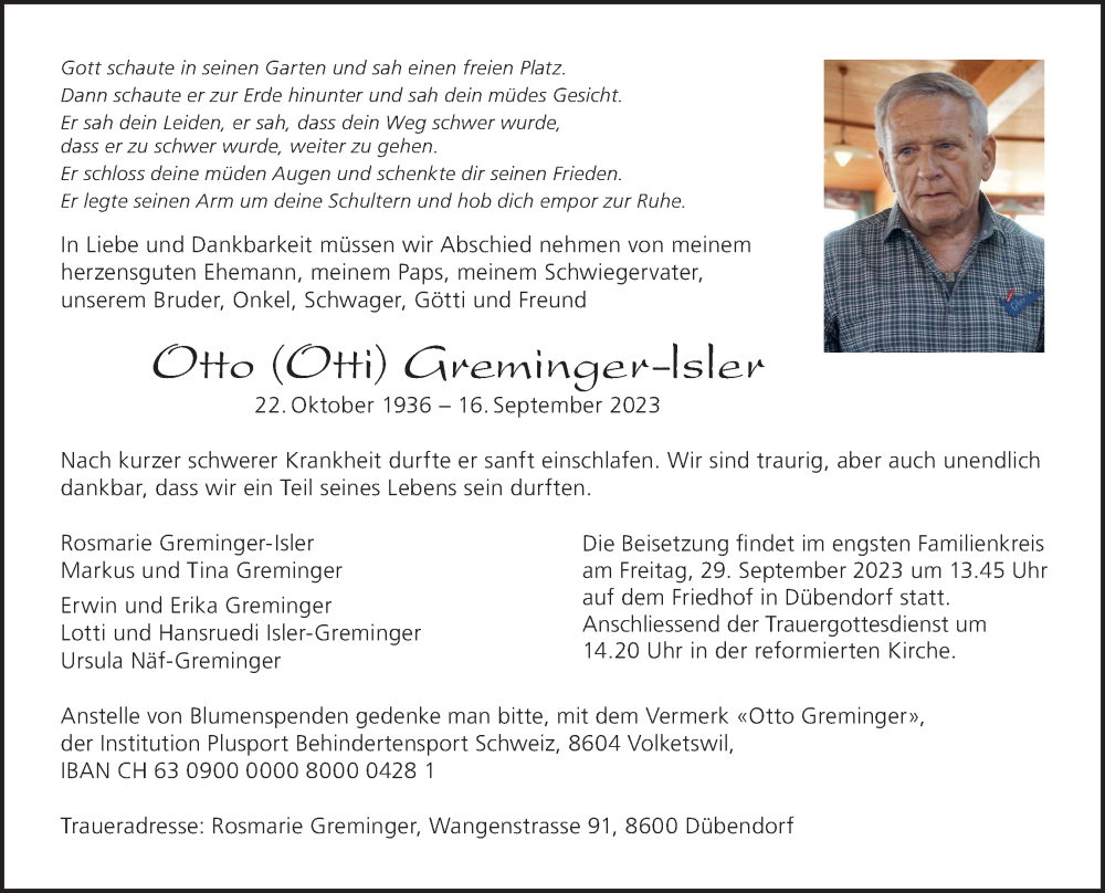  Traueranzeige für Otto Greminger-lsler vom 22.09.2023 aus VO solo
