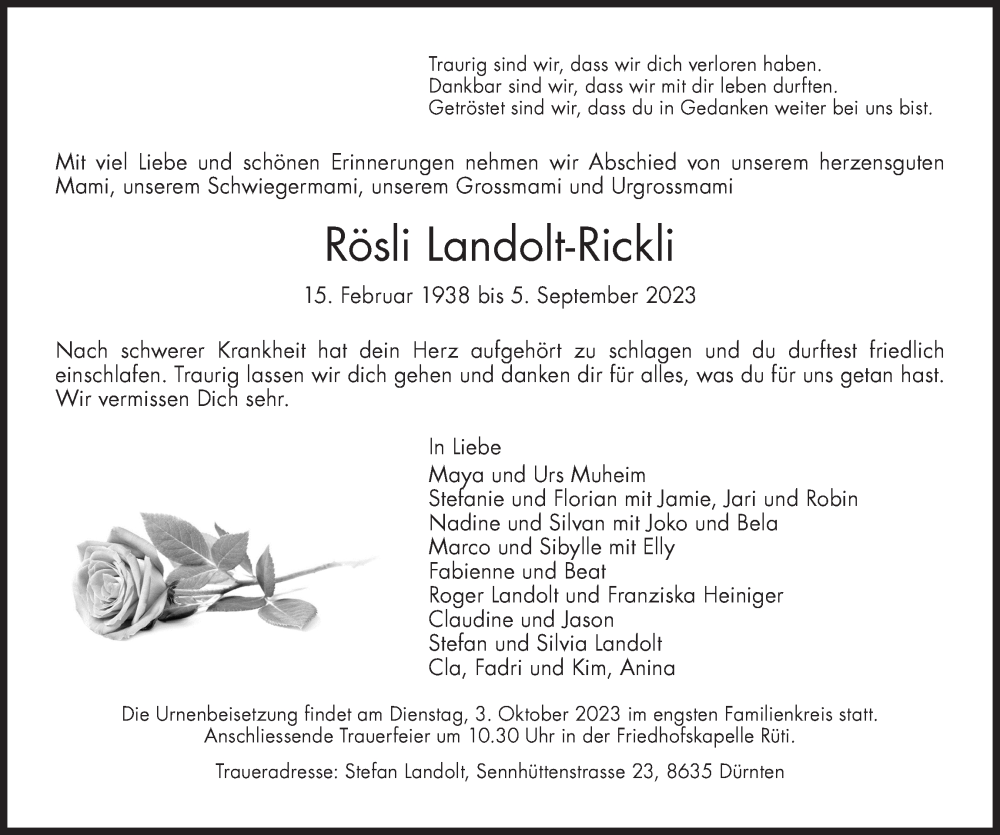  Traueranzeige für Rösli Landolt-Rickli vom 13.09.2023 aus AvU