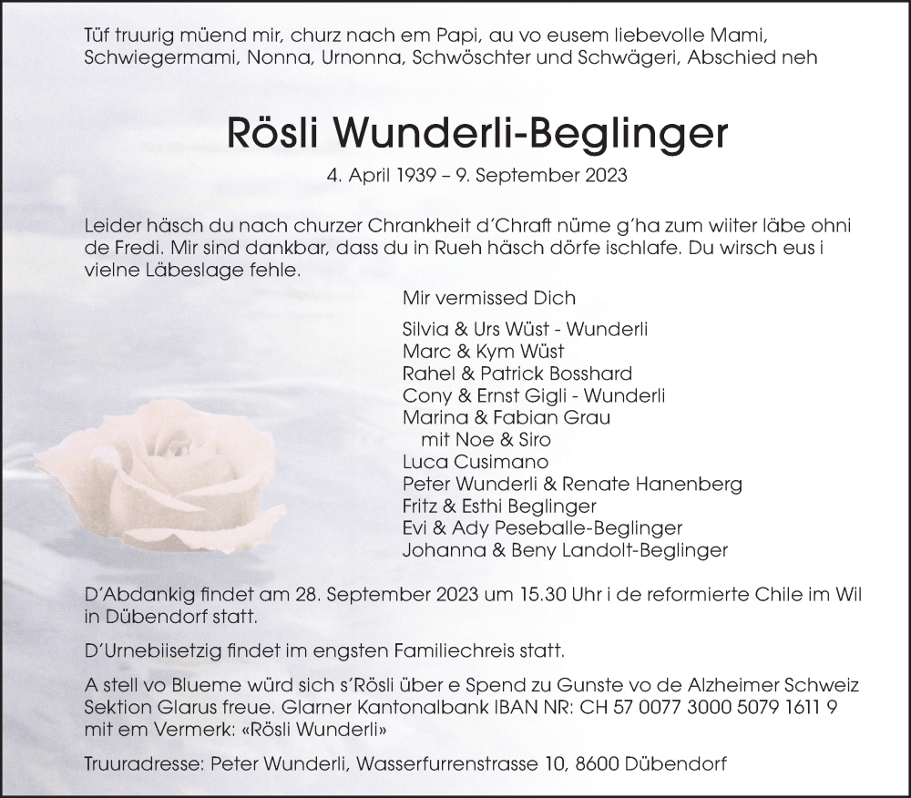  Traueranzeige für Rösli Wunderli-Beglinger vom 20.09.2023 aus AvU