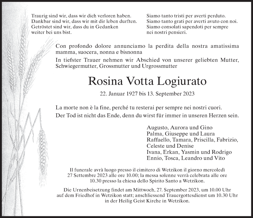  Traueranzeige für Rosina  Logiurato vom 20.09.2023 aus AvU