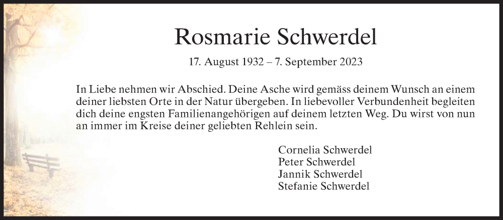  Traueranzeige für Rosmarie Schwerdel vom 11.09.2023 aus AvU
