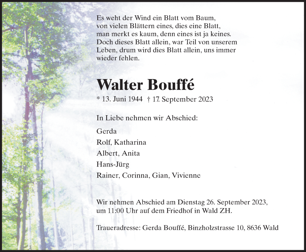  Traueranzeige für Walter Bouffé vom 20.09.2023 aus AvU
