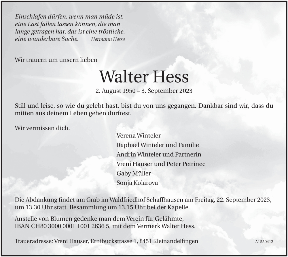 Traueranzeige für Walter Hess vom 15.09.2023 aus ZO solo