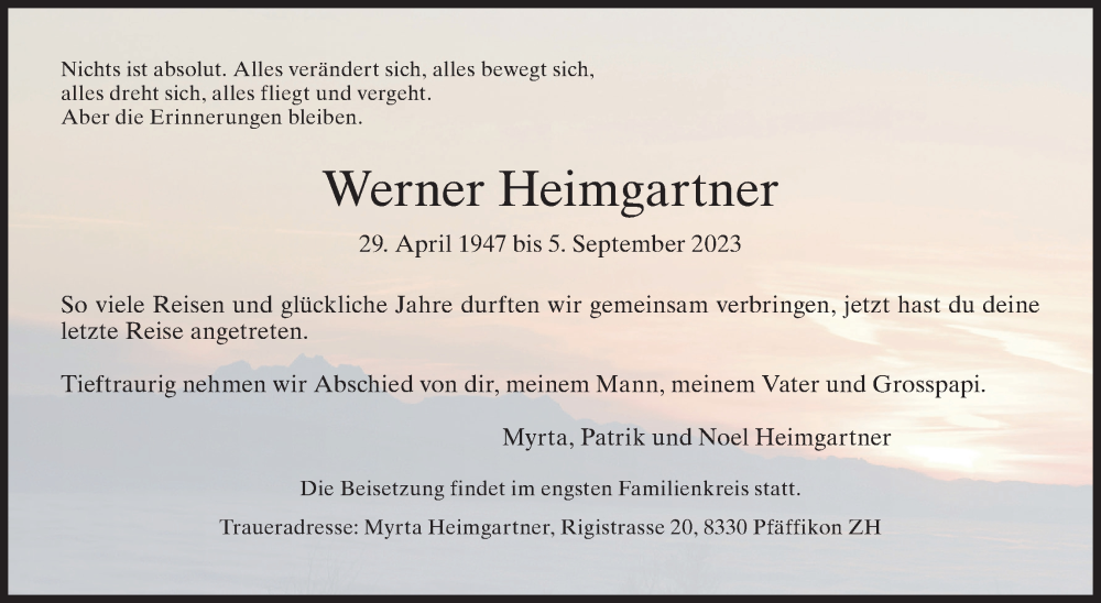  Traueranzeige für Werner Heimgartner vom 13.09.2023 aus AvU
