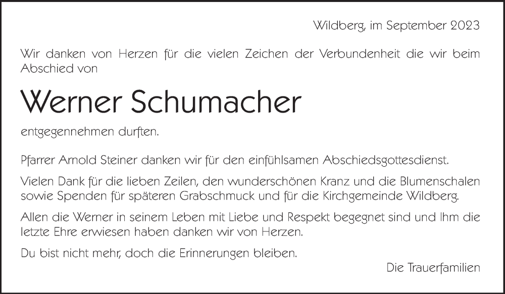  Traueranzeige für Werner Schumacher vom 19.09.2023 aus ZO solo
