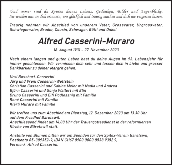 Traueranzeige von Alfred Casserini-Muraro von AvU