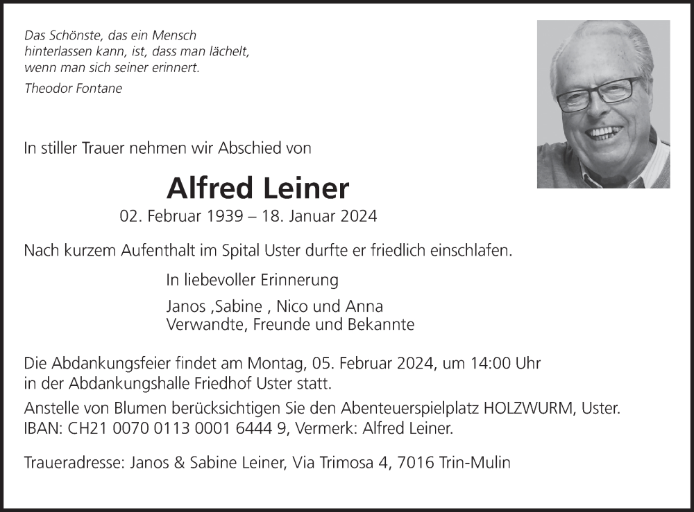 Traueranzeige für Alfred Leiner vom 24.01.2024 aus AvU