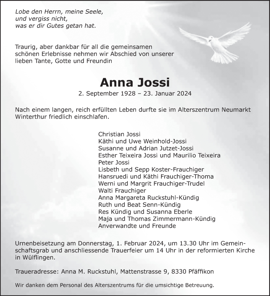  Traueranzeige für Anna Jossi vom 27.01.2024 aus AvU