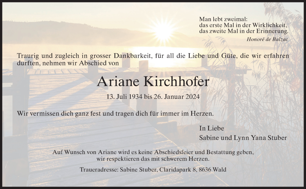  Traueranzeige für Ariane Kirchhofer vom 01.02.2024 aus AvU