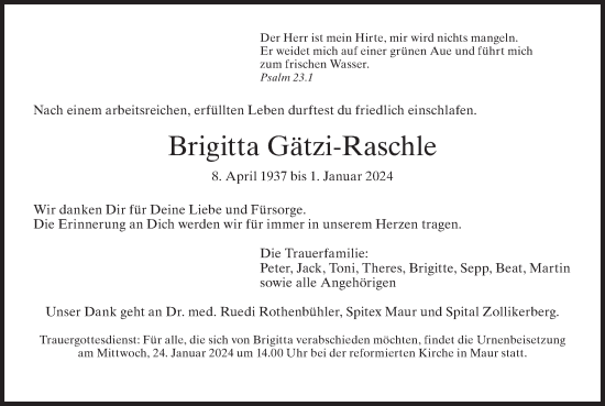 Traueranzeige von Brigitta Gätzi-Raschle von AvU