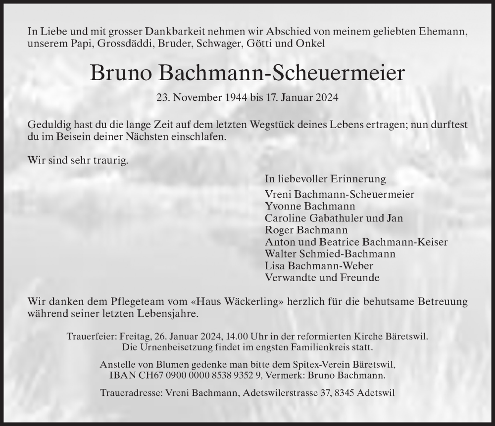  Traueranzeige für Bruno Bachmann-Scheuermeier vom 24.01.2024 aus AvU
