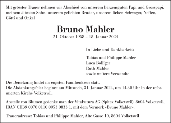 Traueranzeige von Bruno Mahler von AvU