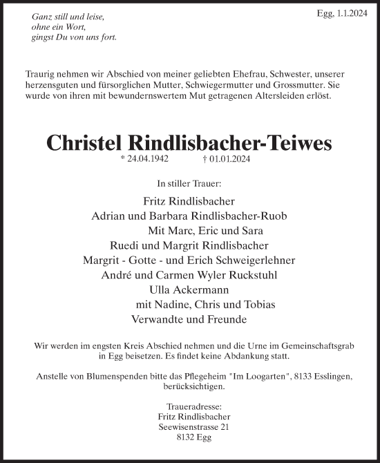 Traueranzeige von Christel Rindlisbacher-Teiwes von AvU