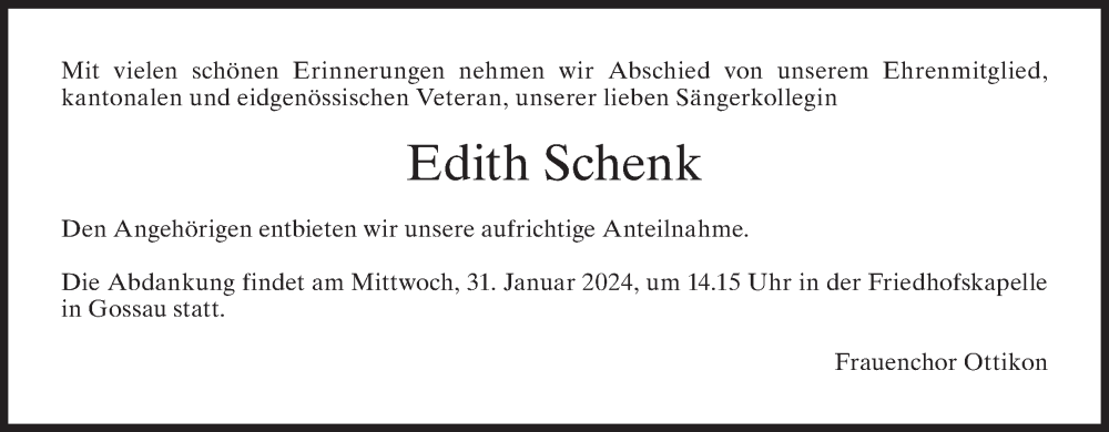  Traueranzeige für Edith Schenk vom 24.01.2024 aus AvU