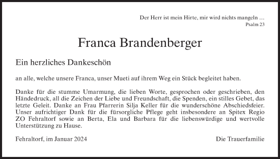 Traueranzeige von Franca Brandenberger von AvU