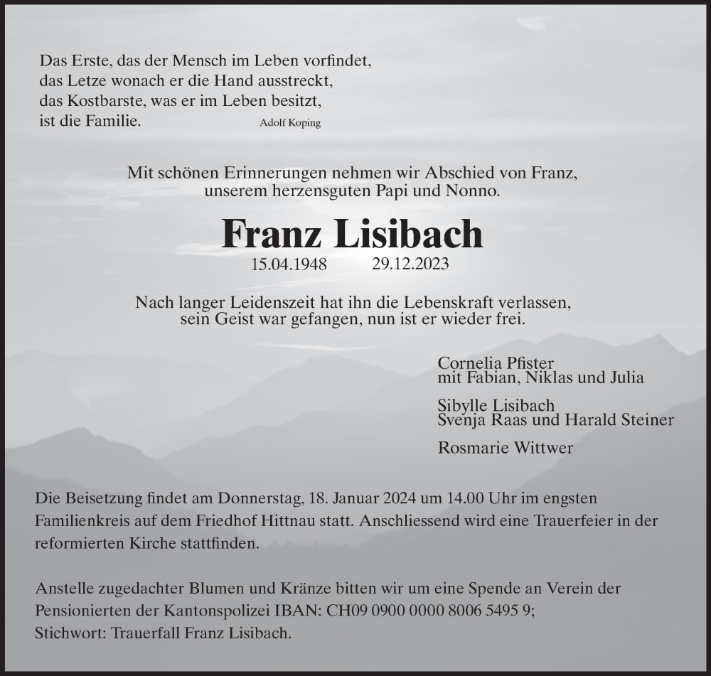  Traueranzeige für Franz Lisibach vom 10.01.2024 aus AvU