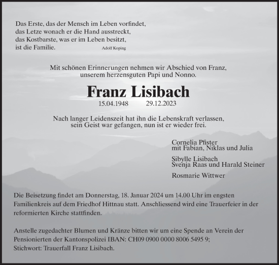 Traueranzeige von Franz Lisibach von AvU