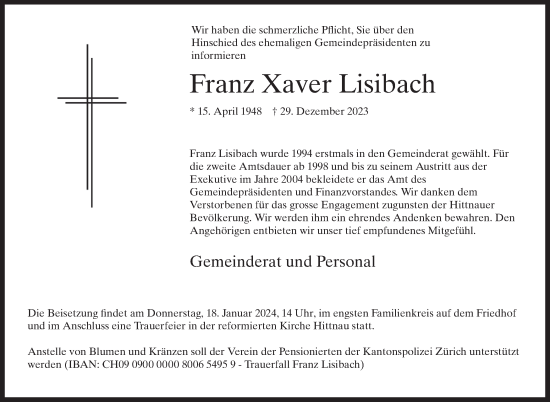 Traueranzeige von Franz Xaver Lisibach von AvU
