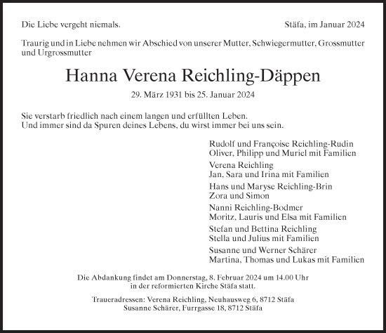 Traueranzeige von Hanna  Reichling-Däppen von AvU