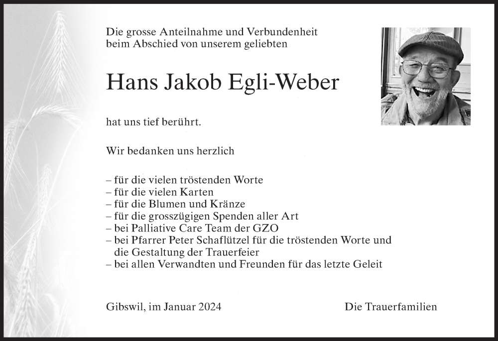  Traueranzeige für Hans Jakob Egli-Weber vom 17.01.2024 aus AvU