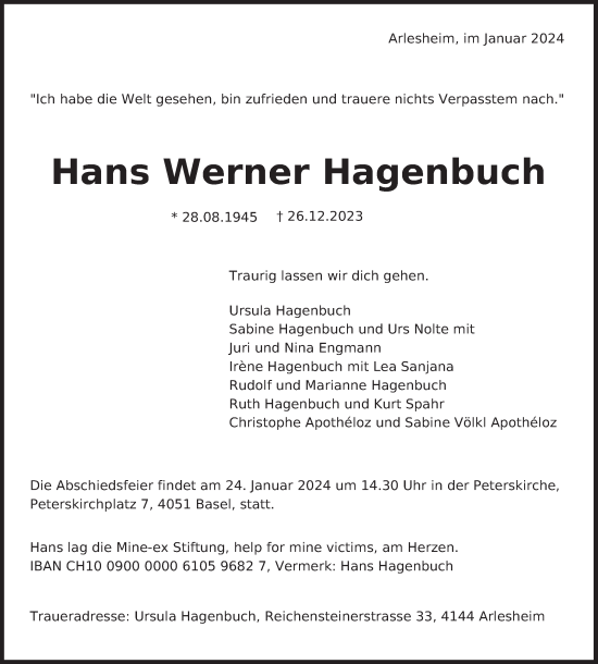 Traueranzeige von Hans Werner Hagenbuch von AvU