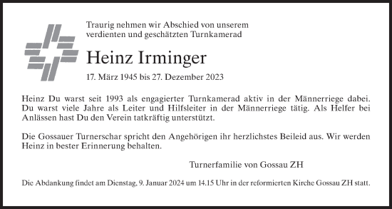 Traueranzeige von Heinz Irminger von AvU