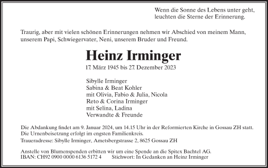 Traueranzeige von Heinz Irminger von AvU