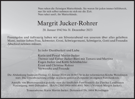 Traueranzeige von Margrit Jucker-Rohrer von AvU