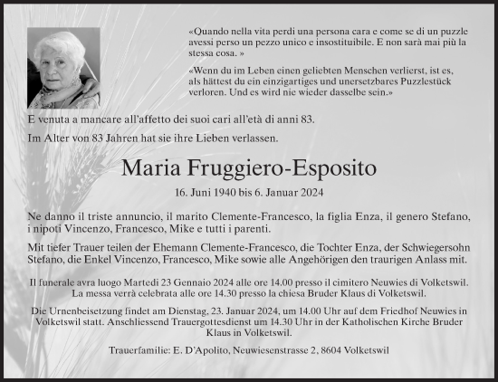 Traueranzeige von Maria Fruggiero-Esposito von VO solo