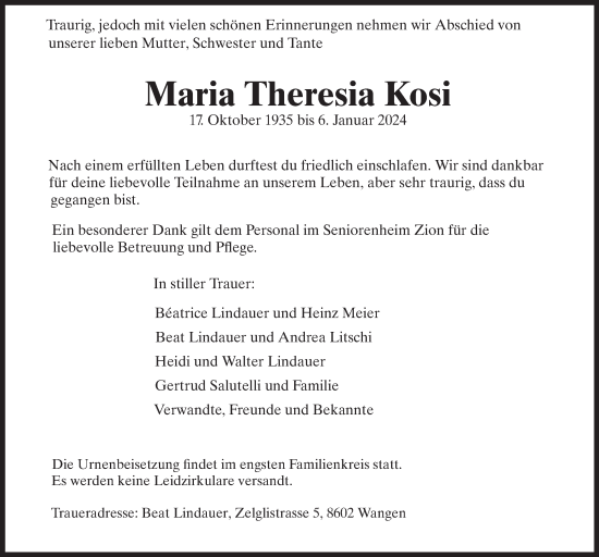 Traueranzeige von Maria Theresia Kosi von VO solo