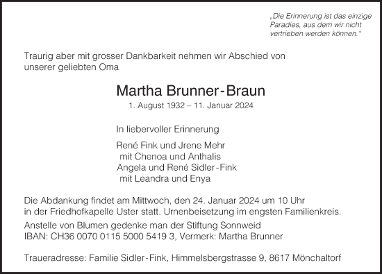 Traueranzeige von Martha Brunner-Braun von AvU