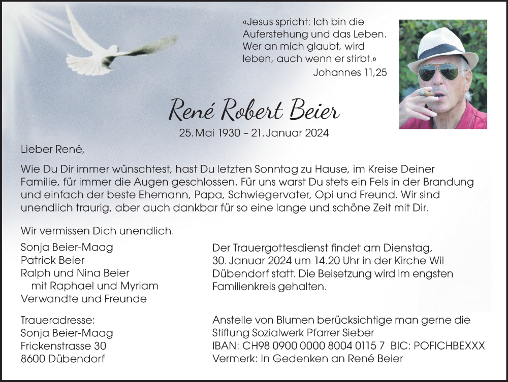 Traueranzeige für Rene Robert bEIEBeier vom 26.01.2024 aus GL solo