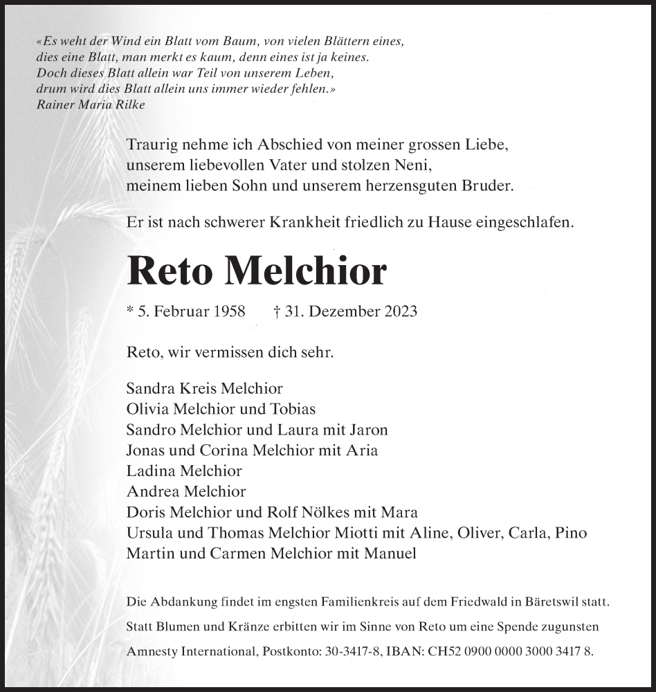  Traueranzeige für Reto Melchior vom 10.01.2024 aus AvU