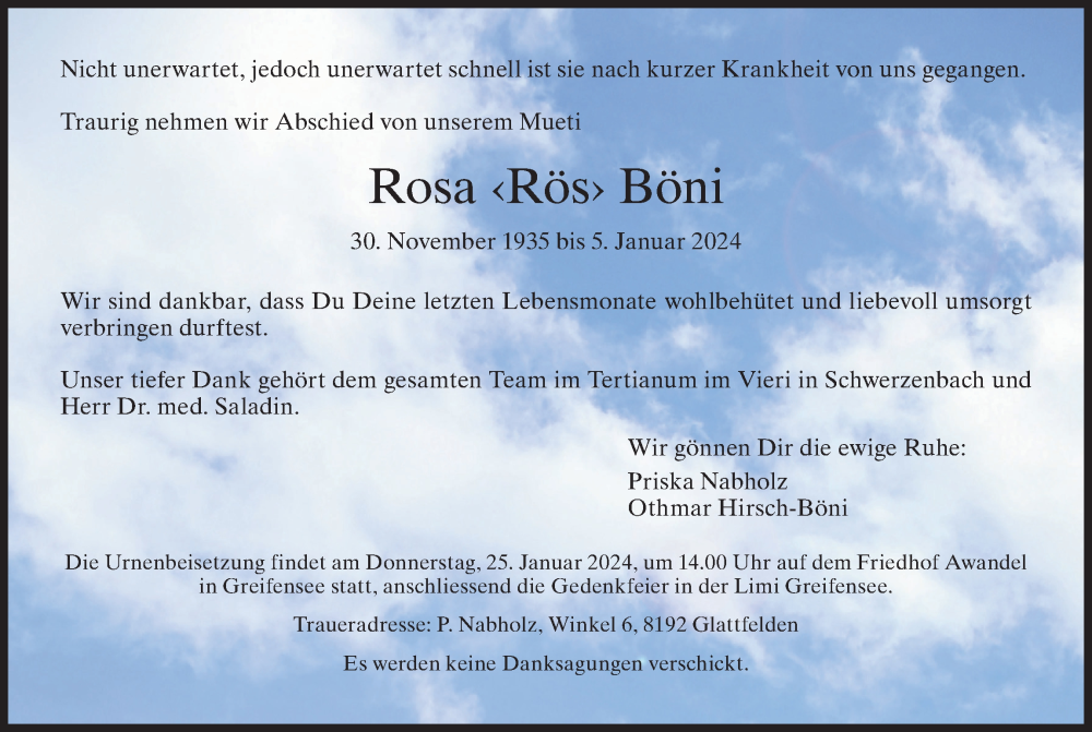  Traueranzeige für Rosa Böni vom 10.01.2024 aus AvU
