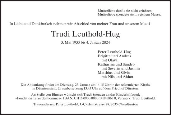 Traueranzeige von Trudi Leuthold-Hug von AvU