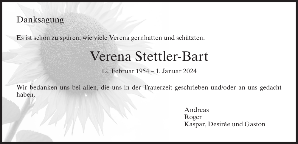  Traueranzeige für Verena Stettler-Bart vom 31.01.2024 aus AvU