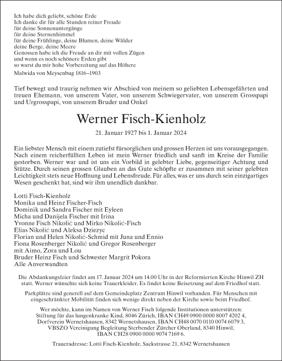 Traueranzeige von Werner Fisch-Kienholz von AvU