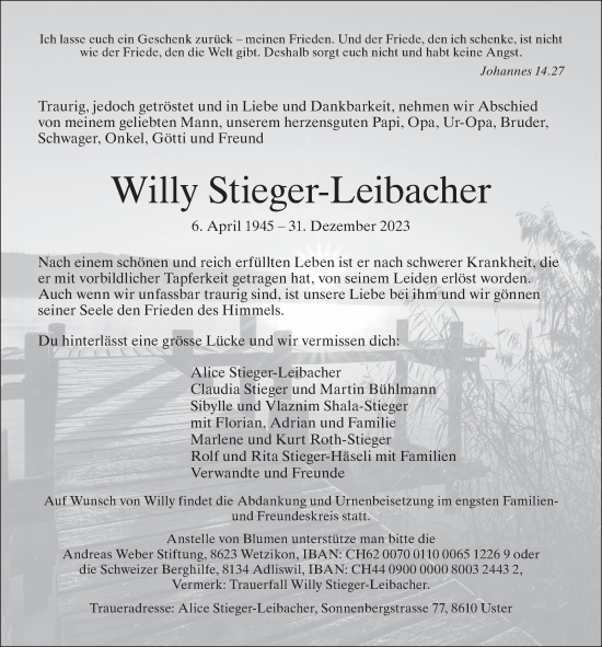 Traueranzeige von Willy Stieger-Leibacher von AvU