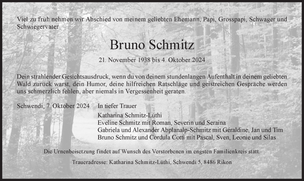  Traueranzeige für Bruno Schmitz vom 08.10.2024 aus AvU